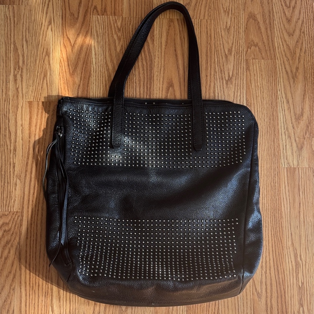 Black Studded Leather Tote Bag